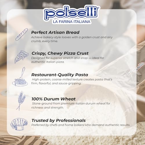 POLSELLI Semola Flour, Semolina Rimacinata Di Grano Duro, 1 kg (2.2 lbs)