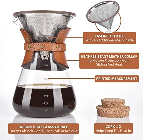 Pour Over Coffee Maker Set with Double-Layer Stainless Steel Filter, Coffee Dripper