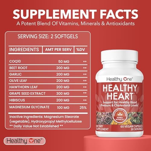 Healthy Heart - Healthy Cholesterol Circulation & Blood Pressure - 60ct | Fights Plaque, Supports Normal LDL & HDL, Artieries, Circulation, Contains CoQ10, Beet Root, Garlic, Olive Leaf And More
