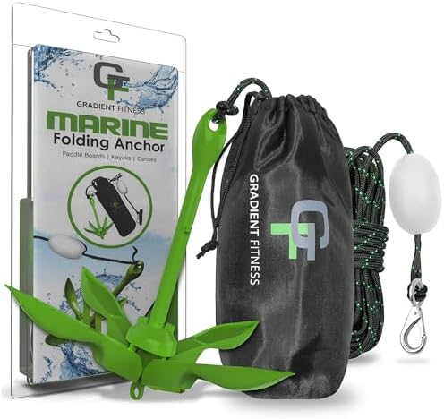 Kayak Anchor Kit - 3.5 lb, Green - Folding Grapnel Anchor with 25 ft Rope | Gradient Fitness boat anchor kit for paddle boards, SUPs, canoes, jet ski