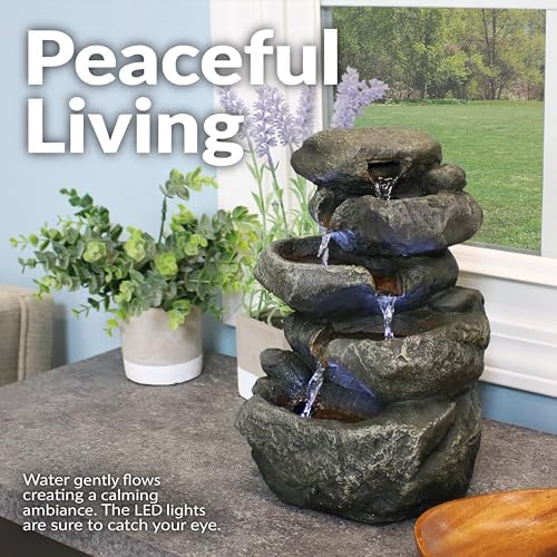 Sunnydaze 10" 5-Step Tabletop Water Fountain with LED Lights, Stacked Rocks | Rock Water Fountain with Calm Sounds for Meditation