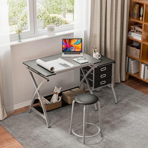 ZENY Drafting Table and Stool, Tilted Draft Table Desk w/Drawers, Artist Drawing Desk Craft Table for Drafting, Painting, Reading, Writing