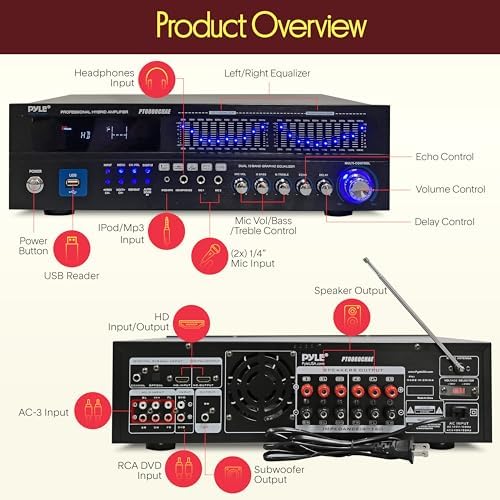Pyle Bluetooth Hybrid Home Amplifier - 6-Channel 2000W Rack Mount Power Amplifier Receiver w/ Radio - Dual 10 Band EQ, Karaoke Microphone x2, USB, RCA