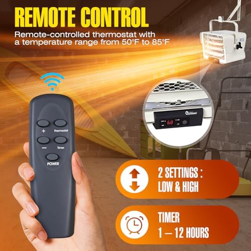 DR. INFRARED HEATER DR-910F 10,000-Watt 240V Heavy-Duty Hardwired Shop Garage Heater Wall/Ceiling Mounted with Remote Controlled Thermostat
