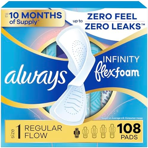 Always Infinity Feminine Pads for Women, Flexfoam Pads with Wings, Size 1, Regular Absorbency, Unscented, 108 Count (3 Packs of 36)