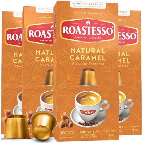 Roastesso, Aluminum Espresso Capsules, Flavors Variety Pack, Natural Flavored Coffee Pods with French Vanilla, Caramel, Chocolate & Hazelnut