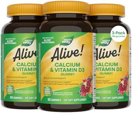Nature’s Way Alive! Chewable Calcium Gummies with Vitamin D3, 60 ct | Daily Supplement Supports Healthy Bones and Teeth, and Muscle Function*, Strawberry and Raspberry-Lemonade Flavored