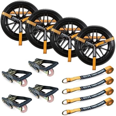 Adjustable Vehicle Tire Tie Down Straps Kit– 4pk Heavy Duty Tire Straps with Snap Hooks 10