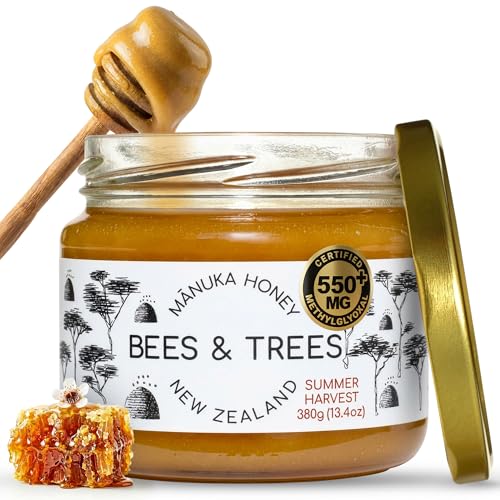Bees & Trees Manuka Honey 550+ MGO - Raw Pure New Zealand Monofloral, 380g | Natural, Unpasteurized, Minimally Processed Mānuka Honey for Your Daily Routine, Tea, Coffee & Smoothies