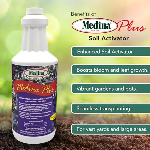 Medina Plus Soil Activator - Liquid Soil Loosener for Lawns & Gardens - Micronutrient-Rich Soil Conditioner & Softener - Used with House Plant Fertilizer, Liquid Plant Food for Houseplants - 1 End Qt