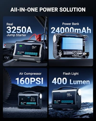 JS3 Real 3250A Jump Starter with Air Compressor 160PSI, 12V Car Battery Booster with Display, Jump Box with Light, Support 65W Fast Charging Power Bank, 10L Gas/8L Diesel Engines