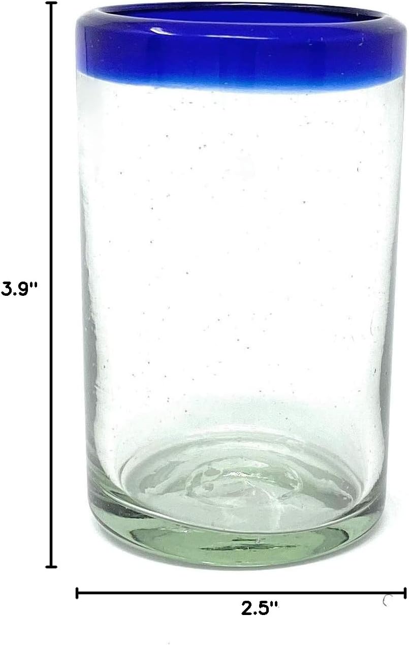 Hand Blown Mexican Drinking Glasses - Set of 6 Juice Glasses with Cobalt Blue Rims (8 oz each)
