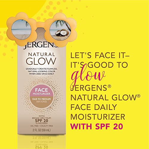 Jergens Natural Glow Face Self Tanner Lotion SPF 20, Fair To Medium, 2 oz | Sunless Tanning, Daily Facial Sunscreen, Oil Free Formula