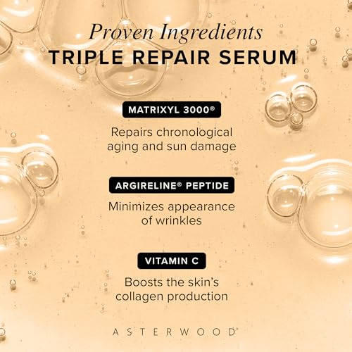 Asterwood Triple Repair Peptide Serum, Matrixyl 3000, Argireline & Vit. C | Minimizes Fine Lines & Stimulates Collagen, Formulated with Hyaluronic Acid, Cruelty-Free, 8 Fl Oz