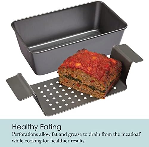 Chicago Metallic 2-Piece Healthy Meatloaf Pan with Draining Insert Professional Grade Non-Stick Carbon Steel Baking Pan with Lift and Serve Feature