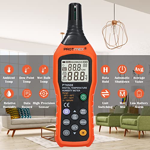 Digital Temperature Humidity Meter, Thermometer Hygrometer with Ambient Dew Point and Wet Bulb Temperature Indoor and Outdoor