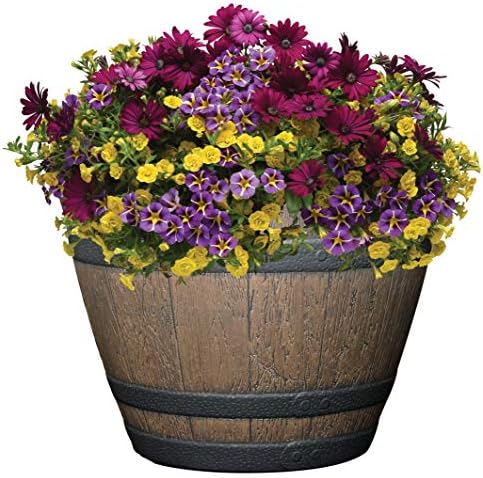 Outdoor Whiskey Resin Flower Pot Barrel Planter, Walnut Brown, 15"