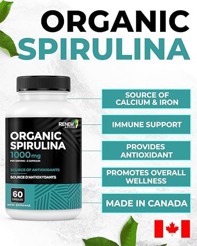 Renew Actives Organic Spirulina 1000MG per 2 Capsules – Superfood for Men & Women – Supports Energy