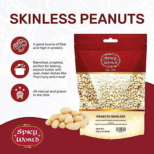 Spicy World Skinless Peanuts, Blanched Raw Peanuts (Uncooked, Unsalted) 4 Pound (64oz) ~ All Natural USA Grown