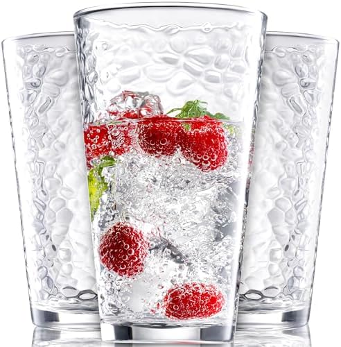 Le'raze Set of 10 Hammered Glass Cups, Clear Heavy Base Drinking Glasses | 16oz, Stackable, Durable, Dishwasher Safe, Freezer Safe, Non Slip