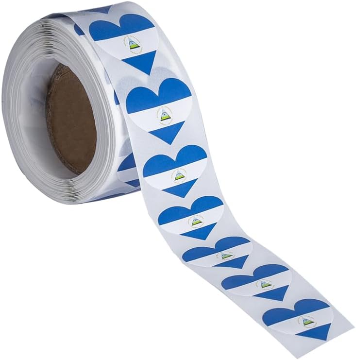 Nicaragua Heart Stickers * 500 Per Roll (3/4" x 1"- 20mm x 25mm) Flag of Nicaragua
