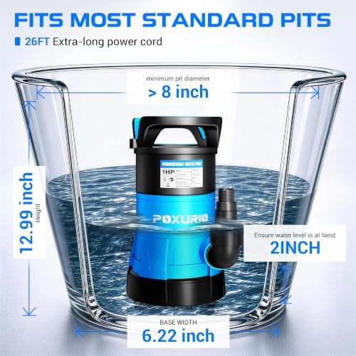 1HP Submersible Sump Pump, 5300GPH High Flow Dirty Clean Submersible Water Pump with Automatic Float Switch, 26FT Long Cord for Swimming Pool
