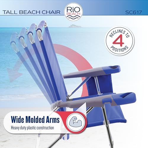 Rio Brands 17" Extended Height 4-Position Folding Beach, Camping, Lawn Chair, Blue/White/Green