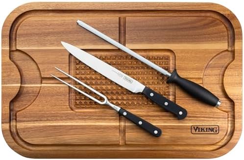 Viking Cutting Board, Acacia Wood Kitchen Butcher Block Carving Board with Juice Groove and Metal Handles, 23 x 14 x 1 Inch