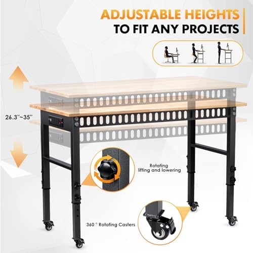 48" Adjustable Workbench, Work Table with Wheels and Power Outlet | 2000LBS Load Capacity Rubber Wood Top Workstation, Heavy-Duty Craft Table for Garage Workshop