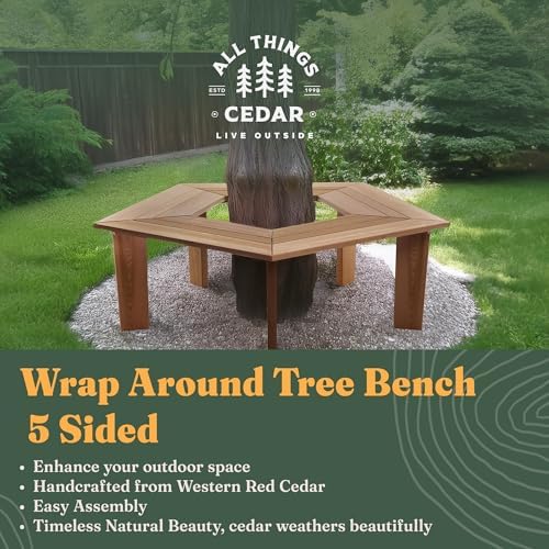 All Things Cedar 52 Inch Wood Tree Bench, 5 Sided Wrap Around Outdoor Seating, Natural