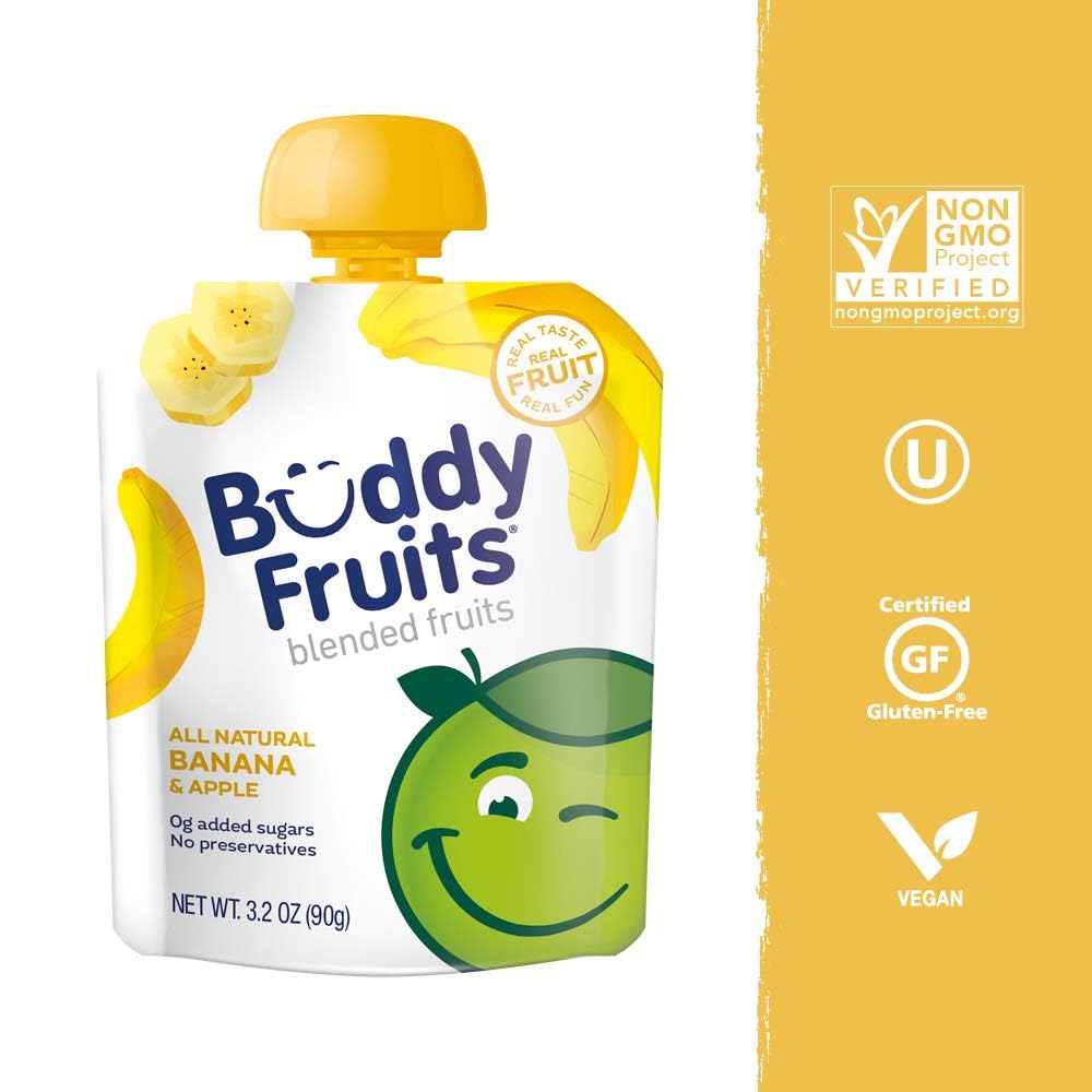 Buddy Fruits Snacks To Go Multifruit Unsweetened Applesauce 3.2oz Pouch (18pk) Gluten-Nut-Dairy-Preservatives-BPA Free, Non GMO, Kosher