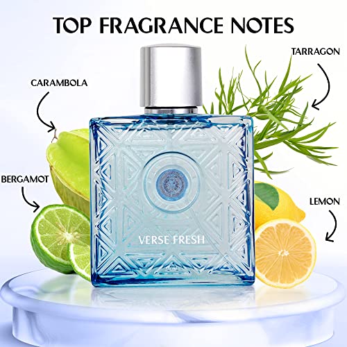NovoGlow Verse Fresh for Men - 3.4 Fl Oz Eau De Parfum Spray for Men - Long Lasting Citrusy Floral & Woodsy Fragrance Smell Fresh All Day Long Gift