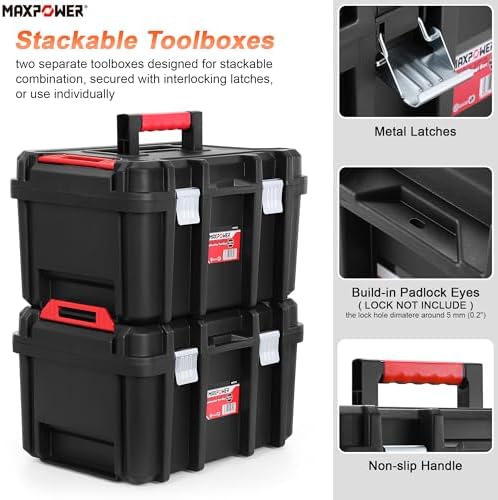 MAXPOWER Small Tool Box, 14-inch Plastic Tool Boxes with Handle | Removable Tray with Dual Lock Secured, Red Toolbox for Home