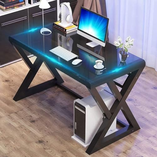 BINGTOO Glass Top Computer Desk with Metal Frame - Modern Simple Workstation for Home Office, Gaming, Writing, Study & Work, Black