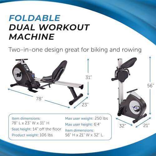 Stamina Conversion II Recumbent Exercise Bike and Rower - Cardio Machine with smart Workout App - Exercise Bike for Home Workout - Up to 250 lbs