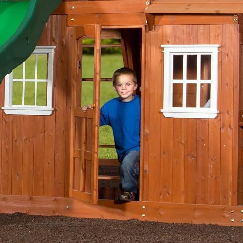 Backyard Discovery Shenandoah Cedar Wood Swing Set with Wave Slide, Raised Clubhouse, Playhouse, Play Kitchen, Belt Swings, Trapeze, Rock Wall, Ladder