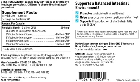 Klaire Labs SFI Health Ther-Biotic Factor 4-10b CFU Bifidobacterium Bifidum Probiotic with Breve, Lactis & Longum - Immune + Gut Health Support - Hypoallergenic Bifidobacterium Probiotic (60 Caps)