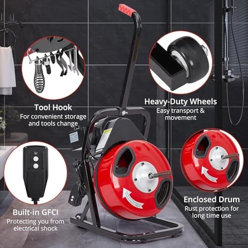 Drain Cleaning Machine, 50FT x 1/2 Inch Professional Electric Drain Auger with 4 Cutters & Foot Switch and Pair of Gloves for 1 to 4 Inch Pipes, Red
