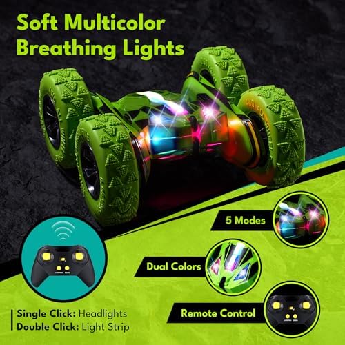 Threeking Remote Control Flip Stunt Car Double Sided Driving Toys Gifts | Durable RC Cars with Breathing Soft Lights for Boys Girls Ages 6-12