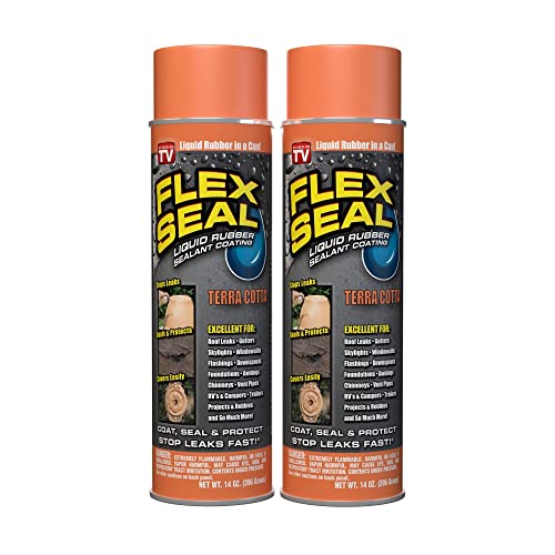 Flex Seal, 14 oz, 2-Pack, Terracotta, Stop Leaks Instantly, Waterproof Rubber Spray On Sealant Coating, Perfect for Gutters, Wood, RV, Campers