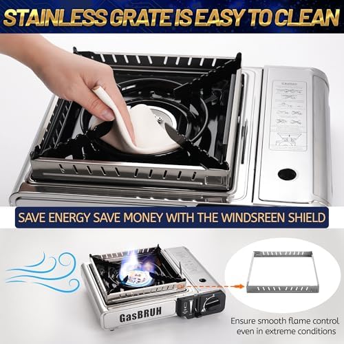 GasBRUH Propane or Butane Camping Stove with Windblocker, Dual Fuel 10,000 BTU Stainess Steel Propane Stove for Camping(TANK not included)