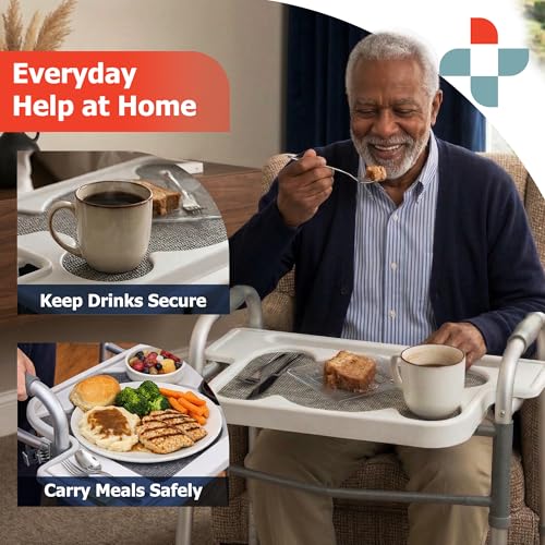 Sammons Preston Standard Walker Tray, Clip-On Surface with Cup Holders, Lightweight Raised-Edge Design for Bariatric Walkers, Stable Dining and Utility Support for Seniors and Mobility Aid Users