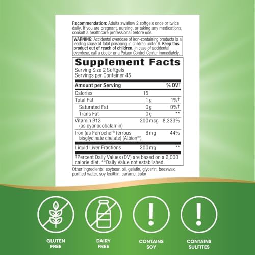 Nature's Way Energizing Iron, Supports Healthy Red Blood Cells*, 8 mg Iron & 200 mcg Vitamin B12 per 2-Softgel Serving, No Gluten