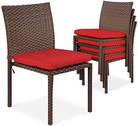Best Choice Products Set of 4 Stackable Outdoor Patio Wicker Chairs w/Cushions, UV-Resistant Finish, and Steel Frame - Brown/Red