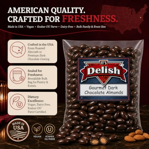 Gourmet Dark Chocolate Covered Almonds by Its Delish, 1 lb Bulk Bag | Almond Nuts Dipped Chocolates Healthy Candy Snacks | Dairy Free, Vegan, Kosher