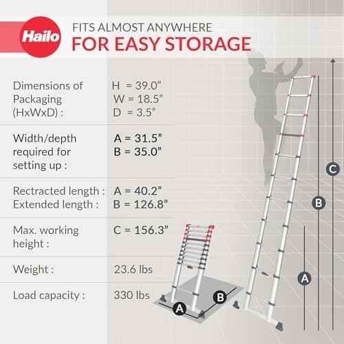 Hailo T80 FlexLine | Aluminum telescoping Ladder | 11 rungs | Height Adjustable up to 10.5FT | Single rungs can be Extended | Transport Belt