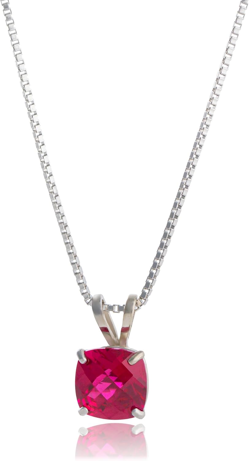 MAX + STONE 925 Sterling Silver Cushion Cut Birthstone Necklace for Women | 6mm Hypoallergenic Solitaire Necklace | Gemstone Pendant Necklaces with 18 inch Box Chain