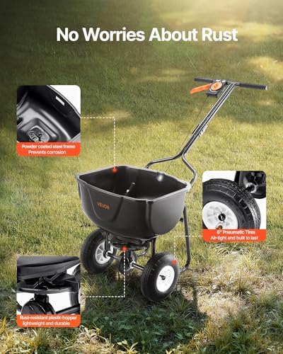 VEVOR Walk Behind Spreader, 60LBS Capacity, Push Spreader with 0-9.8 ft Spreading Width, 8 in All Terrain Pneumatic Tires