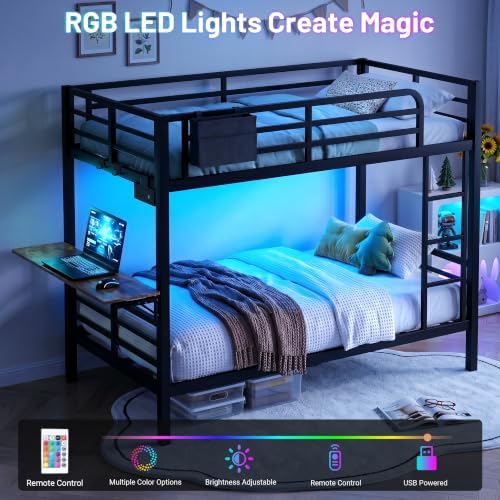Twin XL Bunk Bed with Foldable Desk, LED Lights & Charging Station, Black | Upper Bunk Storage & 2 Drawers, Safety Guardrails with 4 Hooks, Space-Saving Design for Kids and Teens