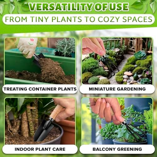 3 Pcs Mini Garden Tools, Shovel, Rake, Wooden Handles, Steel Heads | Small Gardening Tools Set, Tiny Trowel for Transplanting, Repotting and Planting, for Indoor Plants, Succulents and Bonsai
